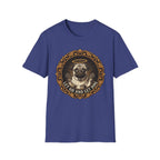 Let Go Let Dog Pug T-Shirt flat lay on royal blue, featuring an ornate gold-framed medallion with a halo-wearing pug raising its paws and the text 'Let Go and Let Dog'.