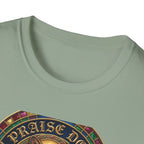 Praise Dog From Whom All Blessings Flow Corgi T-Shirt close-up detail of the collar area on a sage green shirt, showing the jewel-encrusted border and gold gothic Praise Dog lettering.