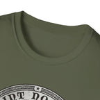 Saint Noodles Guide Us T-Shirt close-up detail on military green shirt showing the circular border and top portion of the basset hound Saint Noodles medallion graphic.