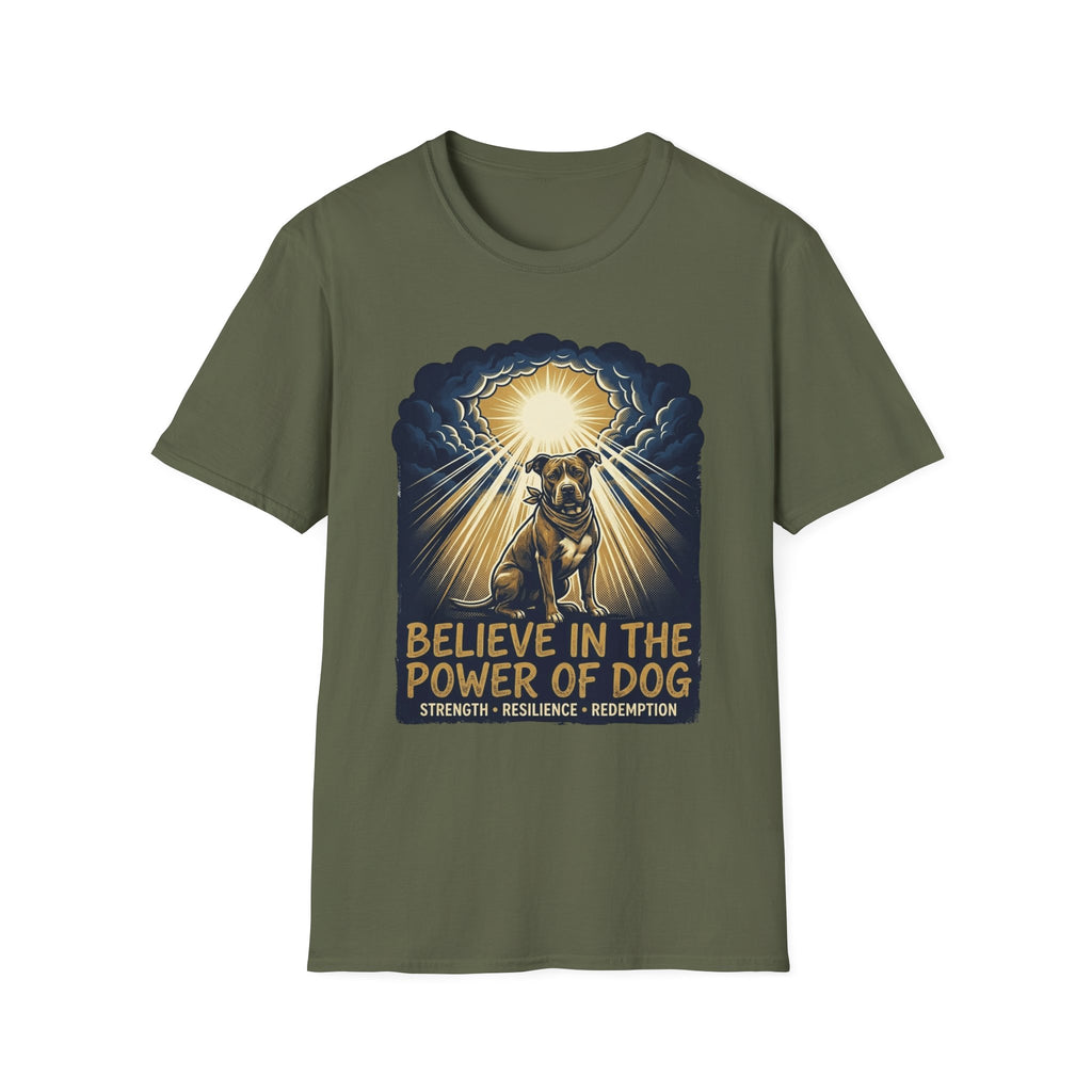 Believe in the Power Pitbull Clouds T-Shirt in military green, flat lay, featuring a dramatic illustrated graphic of a brindle Pitbull standing before a burst of heavenly light breaking through storm clouds, with text reading Believe in the Power of Dog and Strength, Resilience, Redemption.