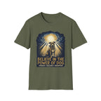 Believe in the Power Pitbull Clouds T-Shirt in military green, flat lay, featuring a dramatic illustrated graphic of a brindle Pitbull standing before a burst of heavenly light breaking through storm clouds, with text reading Believe in the Power of Dog and Strength, Resilience, Redemption.