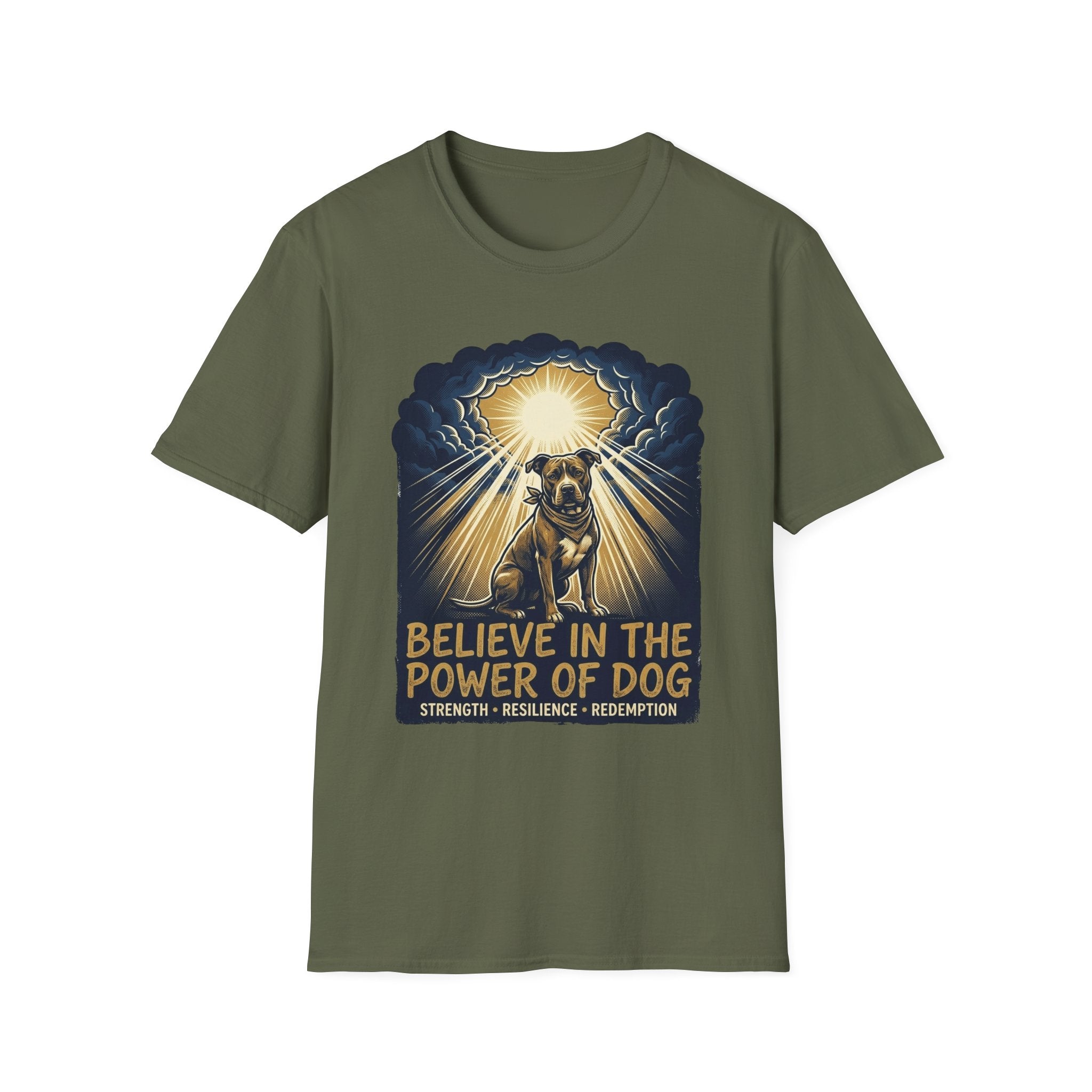 Believe in the Power Pitbull Clouds T-Shirt in military green, flat lay, featuring a dramatic illustrated graphic of a brindle Pitbull standing before a burst of heavenly light breaking through storm clouds, with text reading Believe in the Power of Dog and Strength, Resilience, Redemption.