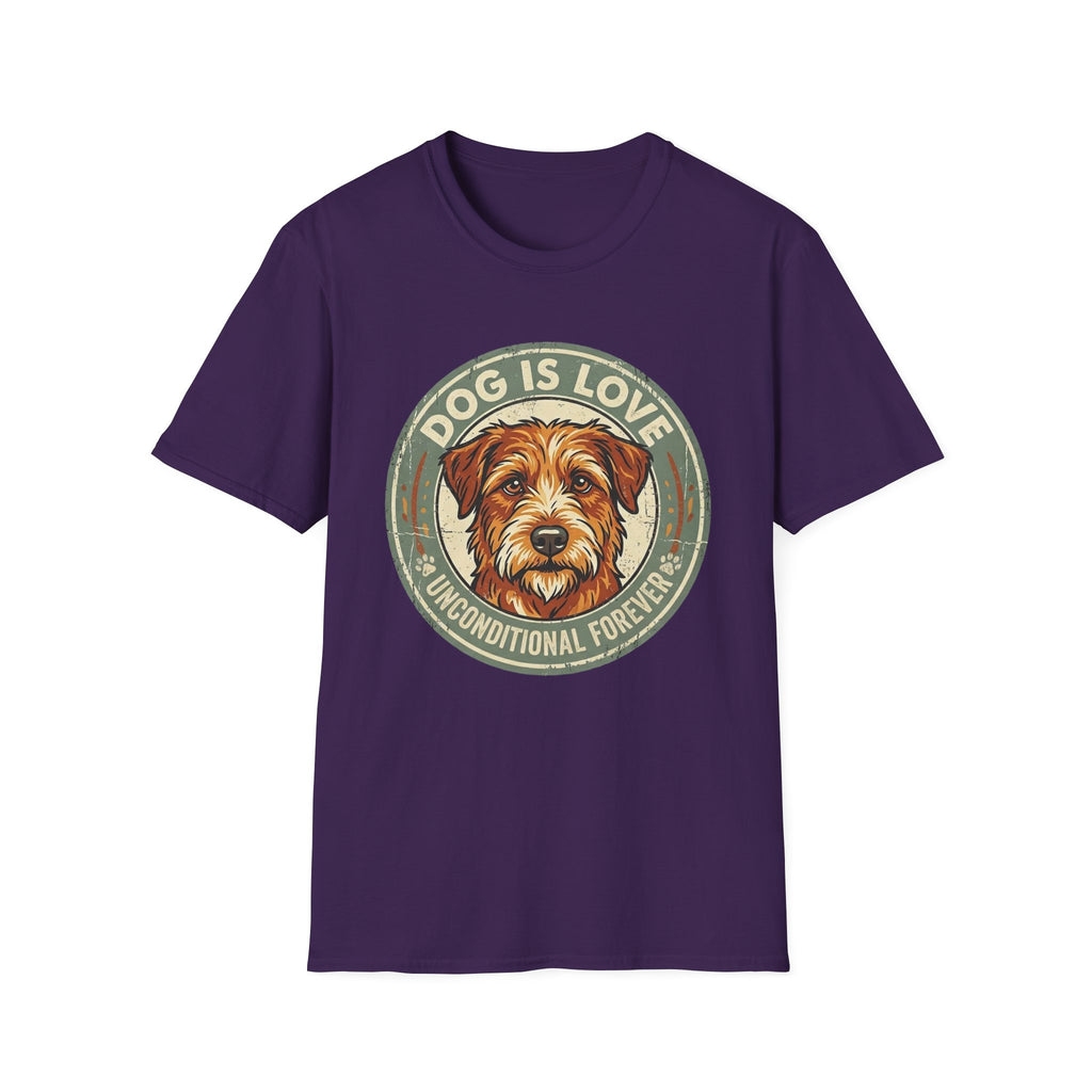 Dog is Love T-Shirt flat lay in purple featuring a vintage circular badge graphic with a scruffy terrier face, "Dog is Love" arched above and "Unconditional Forever" below.