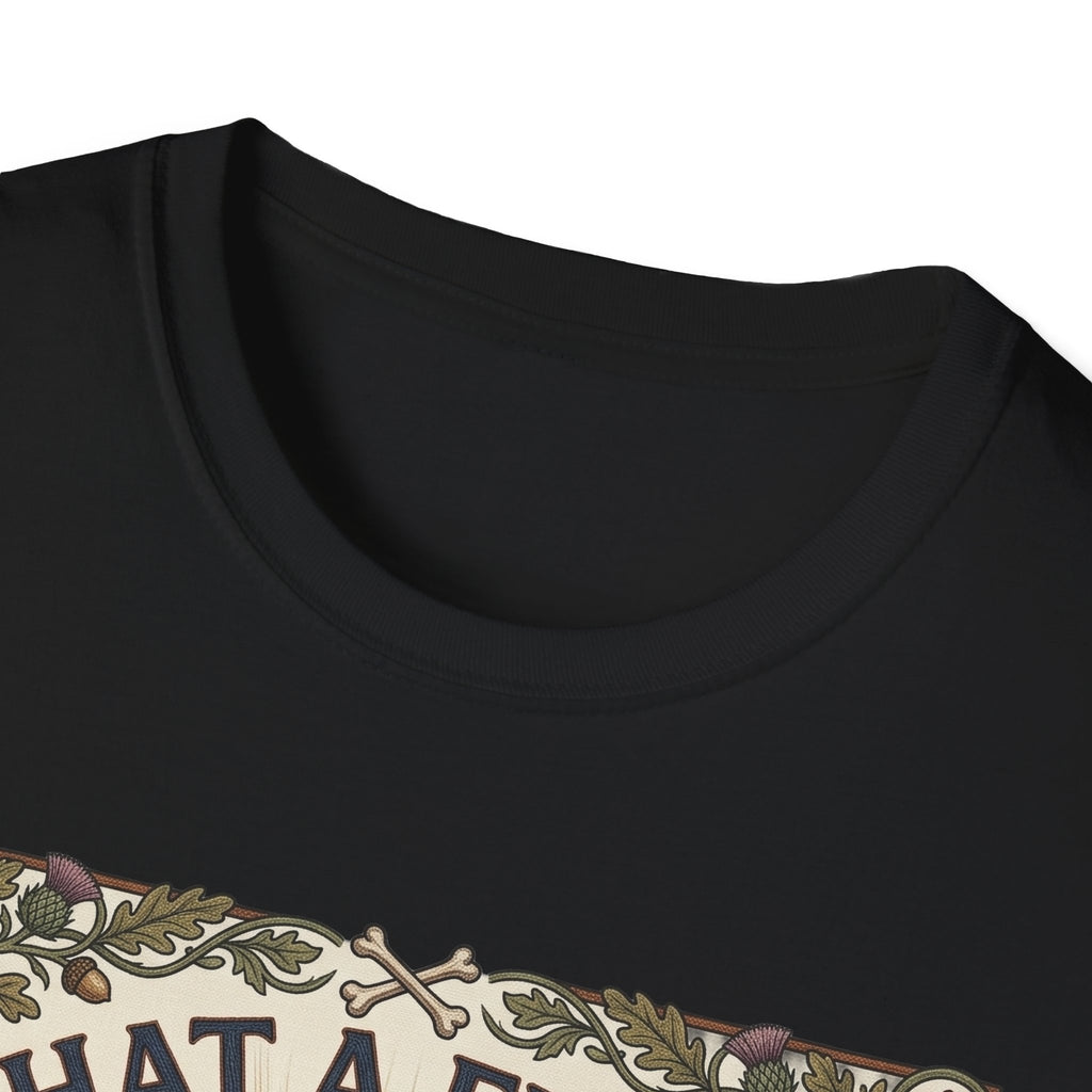 What a Friend We Have in Dog T-Shirt close-up detail shot on a black shirt, showing the vintage botanical border with crossbones and floral motifs at the neckline.