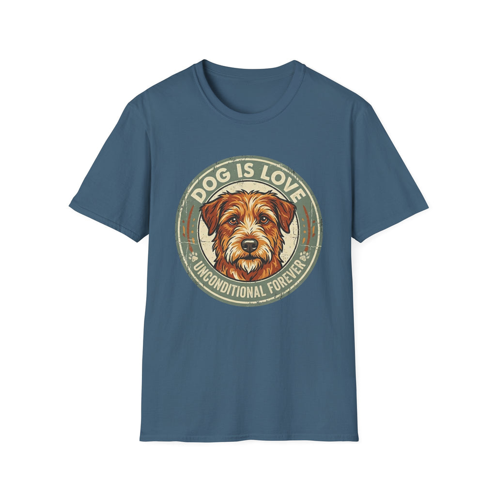 Dog is Love T-Shirt flat lay in steel blue featuring a vintage circular badge graphic with a scruffy terrier face, "Dog is Love" arched above and "Unconditional Forever" below.