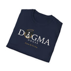Dogma House Logo Dark T-Shirt folded view in navy, showcasing the Dogma House logo with a halo-wearing black-and-white dog and the tagline 'Praise Be To Dog.'