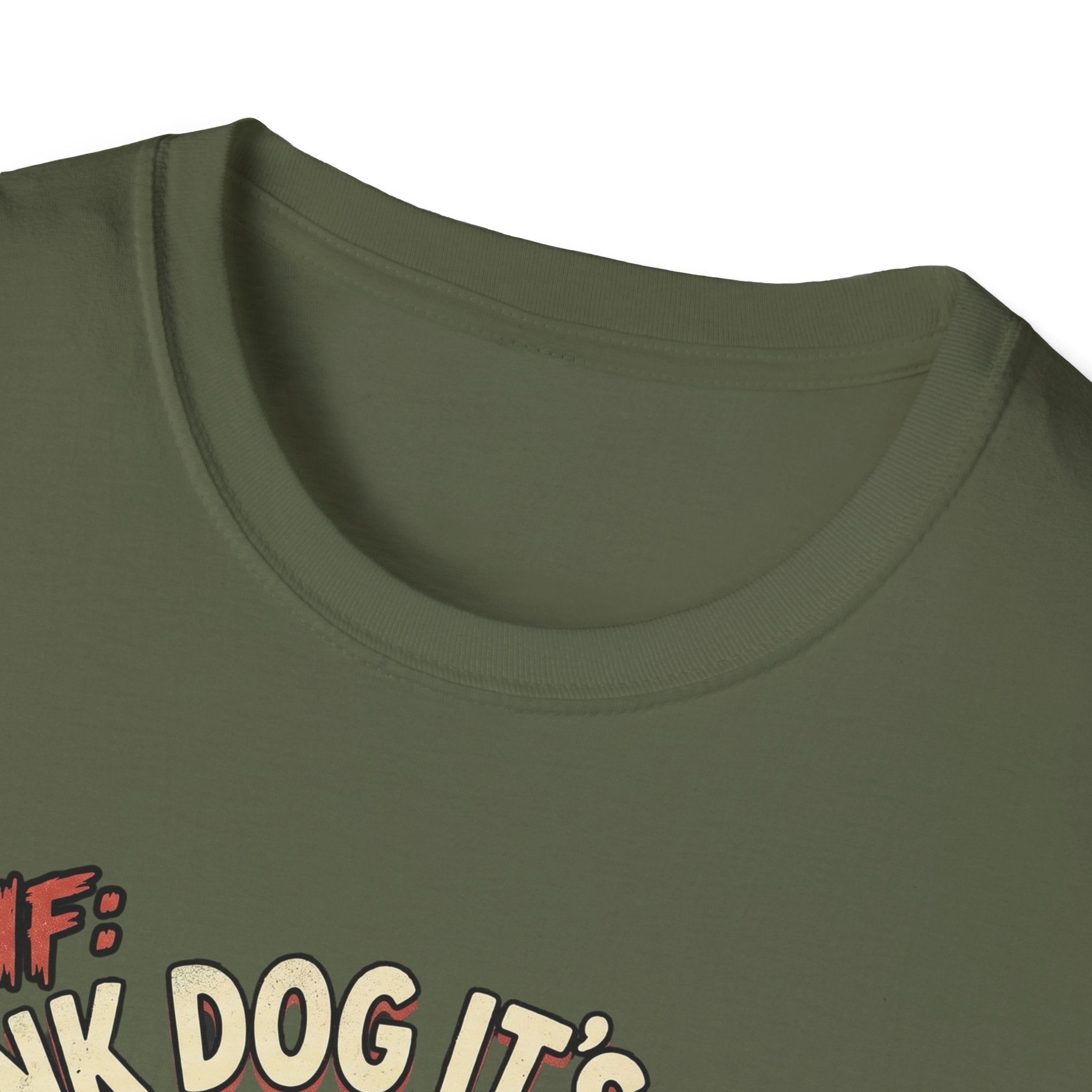Thank Dog It's Friday T-Shirt close-up detail shot on military green shirt showing the neckline and top of the TDIF cartoon dog graphic.