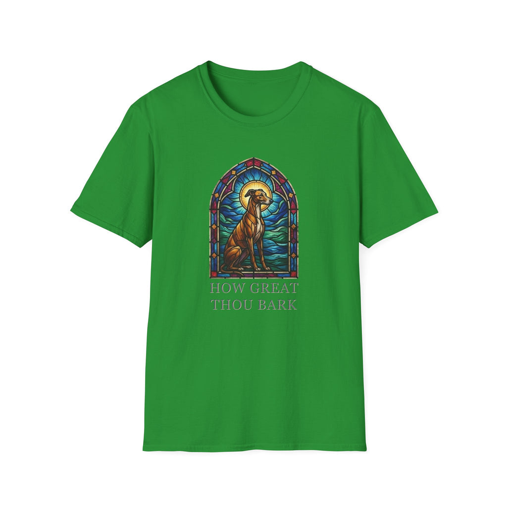 How Great Thou Bark Sight Hound T-shirt flat lay, Irish green shirt featuring a stained-glass style arched window graphic of a seated sight hound dog with a halo and the text 'How Great Thou Bark.'