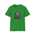 How Great Thou Bark Sight Hound T-shirt flat lay, Irish green shirt featuring a stained-glass style arched window graphic of a seated sight hound dog with a halo and the text 'How Great Thou Bark.'