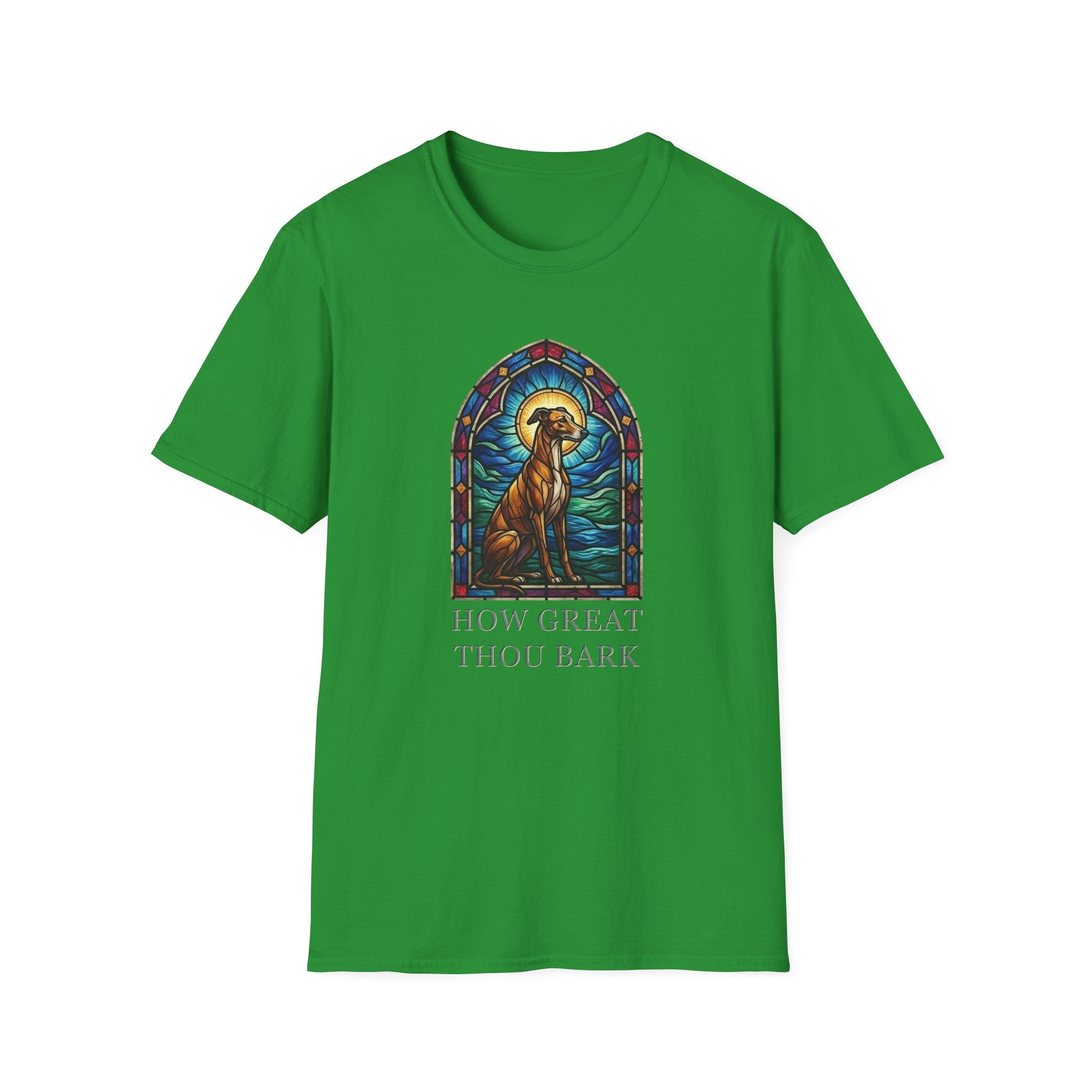 How Great Thou Bark Sight Hound T-shirt flat lay, Irish green shirt featuring a stained-glass style arched window graphic of a seated sight hound dog with a halo and the text 'How Great Thou Bark.'