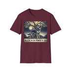 Believe in the Power of Dog German Shepherd T-shirt flat lay in maroon, featuring a vintage-style illustration of a German Shepherd standing under a moonlit tree with the text "Believe in the Power of Dog."
