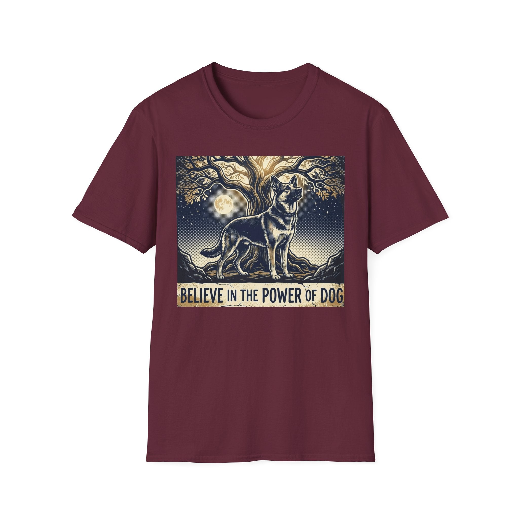Believe in the Power of Dog German Shepherd T-shirt flat lay in maroon, featuring a vintage-style illustration of a German Shepherd standing under a moonlit tree with the text "Believe in the Power of Dog."