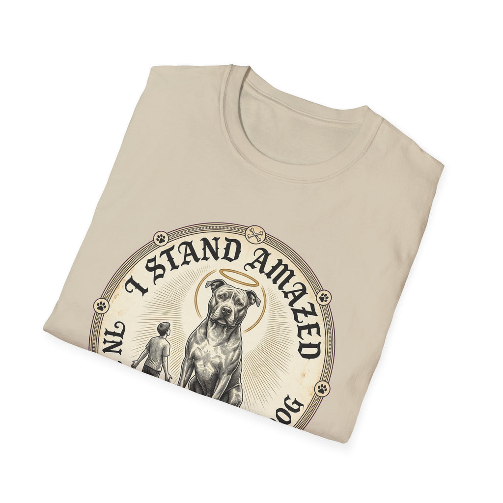 I Stand Amazed Pitbull T-Shirt in sand, folded view showing the front graphic of the pitbull design with halo and 'I Stand Amazed' text.