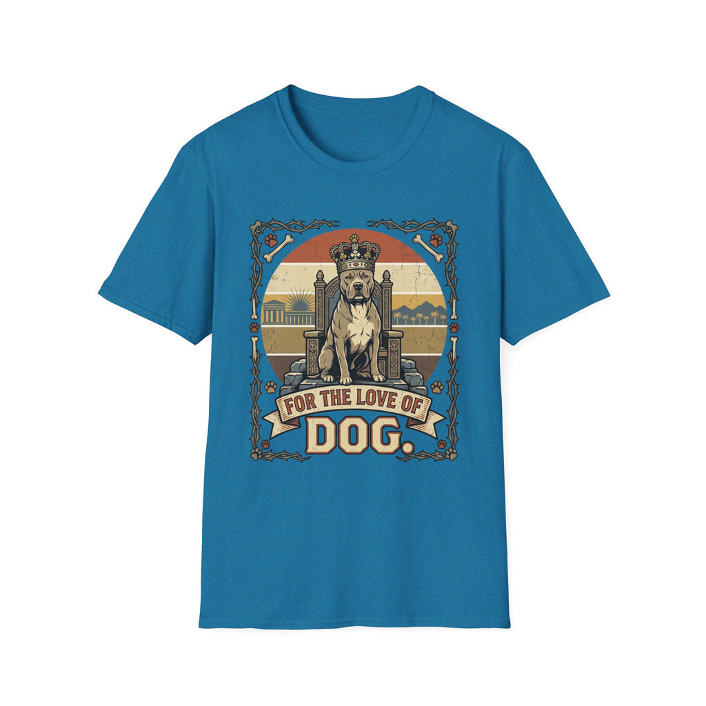 For the Love of Dog Pitbull T-Shirt flat lay on sapphire blue shirt featuring a regal pitbull seated on a throne wearing a crown, with the text 'For the Love of Dog' in a vintage ornate frame with paw prints and bones.