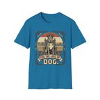 For the Love of Dog Pitbull T-Shirt flat lay on sapphire blue shirt featuring a regal pitbull seated on a throne wearing a crown, with the text 'For the Love of Dog' in a vintage ornate frame with paw prints and bones.