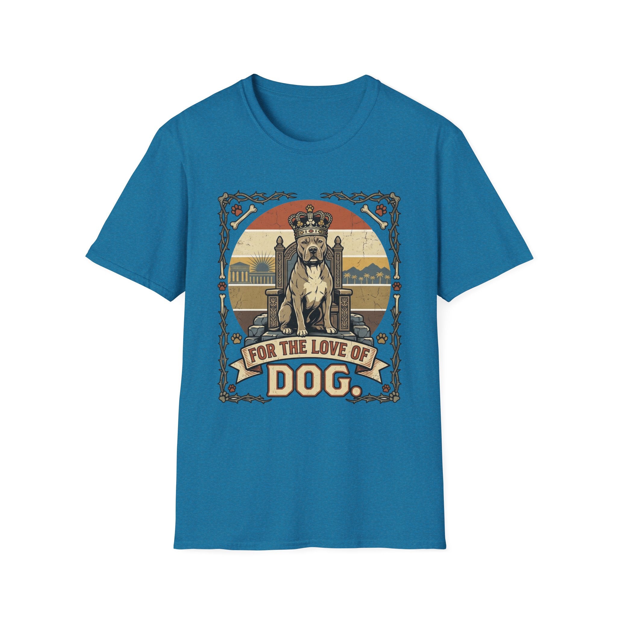 For the Love of Dog Pitbull T-Shirt flat lay on sapphire blue shirt featuring a regal pitbull seated on a throne wearing a crown, with the text 'For the Love of Dog' in a vintage ornate frame with paw prints and bones.