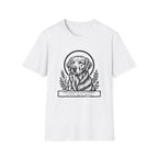 Holy Orders | Golden Retriever T-Shirt flat lay on white shirt featuring a stained glass style illustration of a Golden Retriever depicted as a holy figure with a golden halo and the text 'Holy Orders.'
