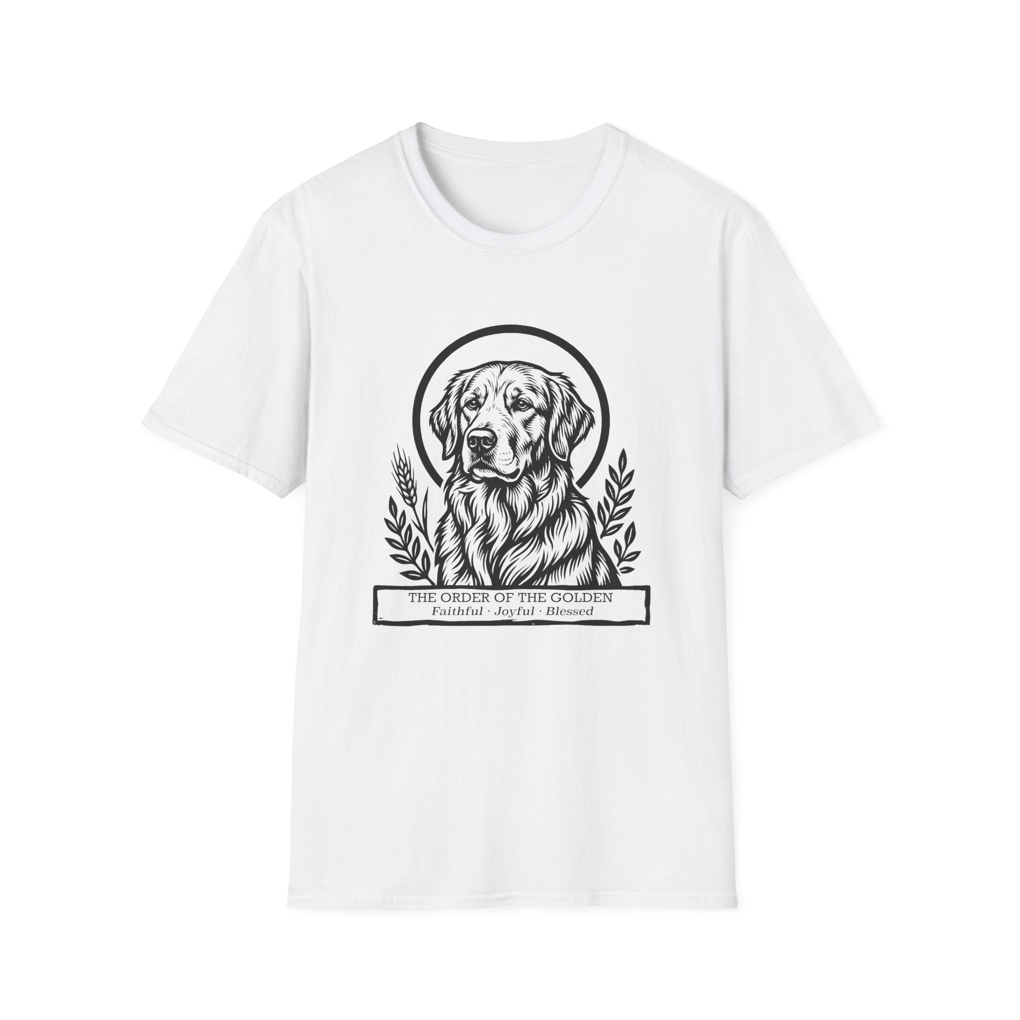 Holy Orders | Golden Retriever T-Shirt flat lay on white shirt featuring a stained glass style illustration of a Golden Retriever depicted as a holy figure with a golden halo and the text 'Holy Orders.'
