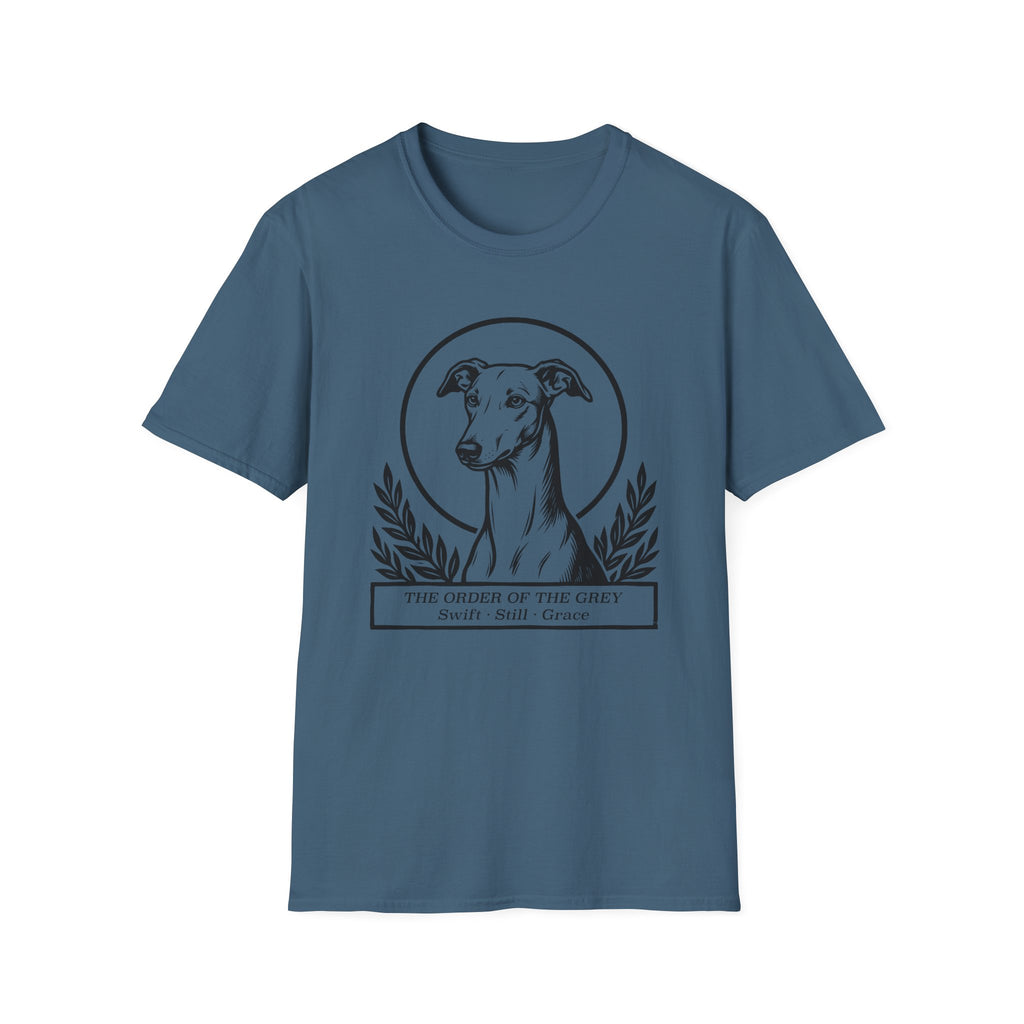 Holy Orders | Greyhound T-Shirt flat lay on black shirt featuring a stained glass style illustration of a Greyhound depicted as a holy figure with a golden halo and the text 'Holy Orders.'