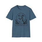 Holy Orders | Greyhound T-Shirt flat lay on black shirt featuring a stained glass style illustration of a Greyhound depicted as a holy figure with a golden halo and the text 'Holy Orders.'