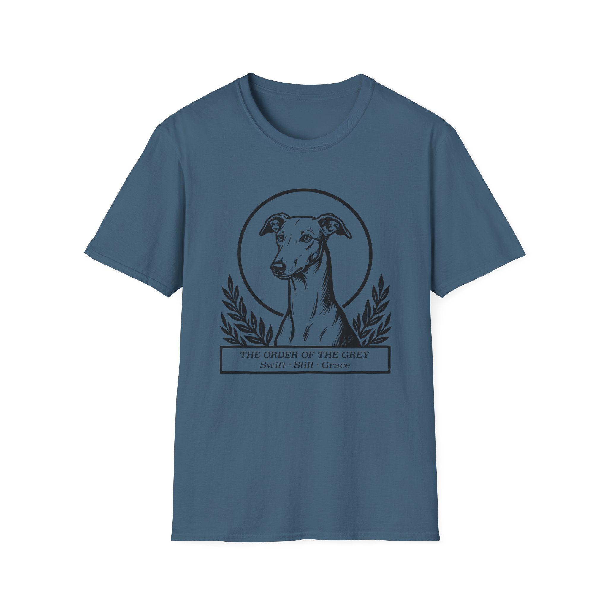 Holy Orders | Greyhound T-Shirt flat lay on black shirt featuring a stained glass style illustration of a Greyhound depicted as a holy figure with a golden halo and the text 'Holy Orders.'