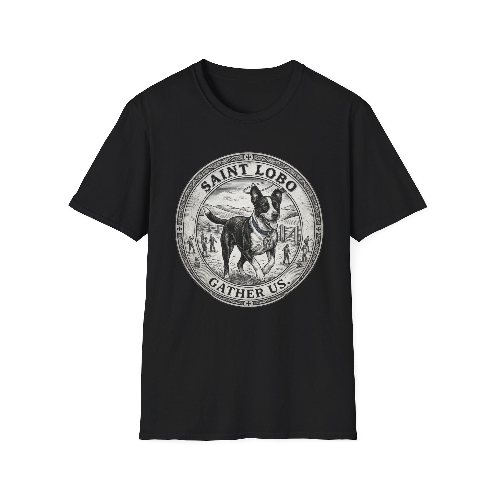 Saint Lobo Gather Us T-Shirt flat lay in black, featuring a vintage medallion graphic of a leaping border collie-style dog with a halo, surrounded by the text 'Saint Lobo — Gather Us.'