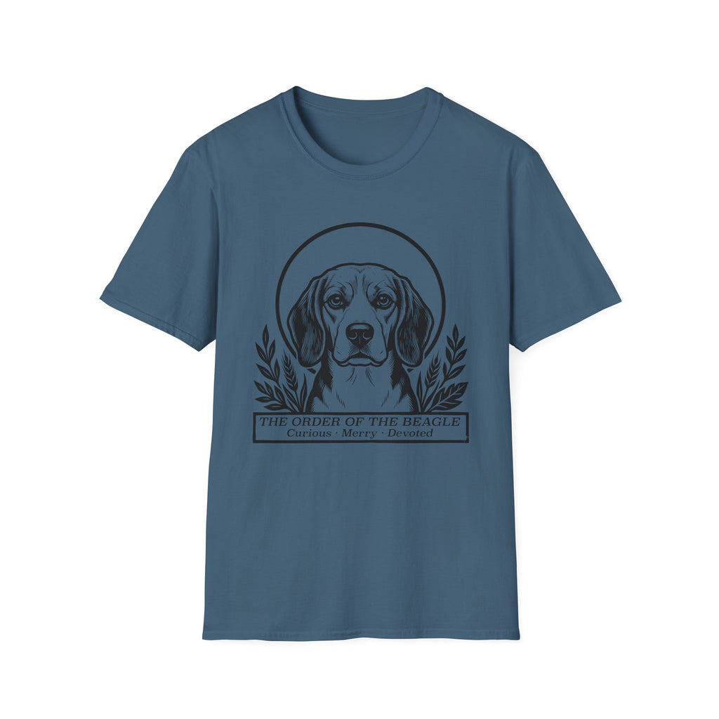 Holy Orders | Beagle T-Shirt flat lay on white shirt featuring a stained glass style illustration of a Beagle depicted as a holy figure with a golden halo and the text 'Holy Orders.'