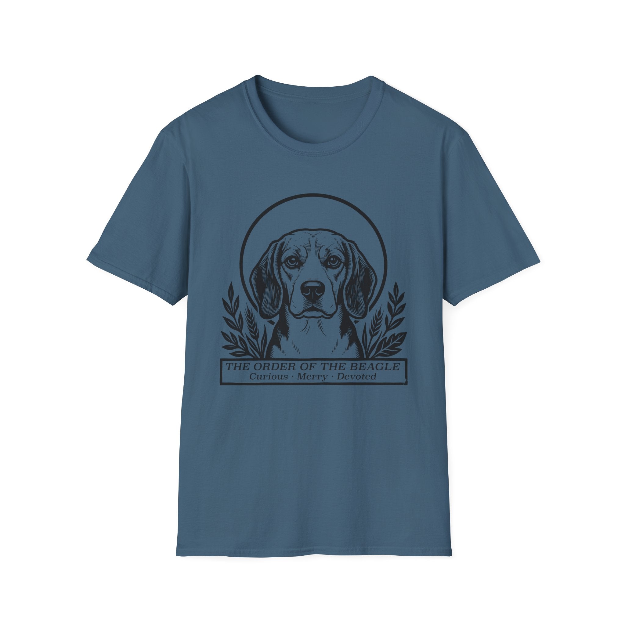 Holy Orders | Beagle T-Shirt flat lay on white shirt featuring a stained glass style illustration of a Beagle depicted as a holy figure with a golden halo and the text 'Holy Orders.'