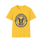 What Would Dog Do T-Shirt flat lay on yellow shirt featuring an ornate vintage frame design with a halo-wearing pit bull and the text What Would Dog Do? WWDD.