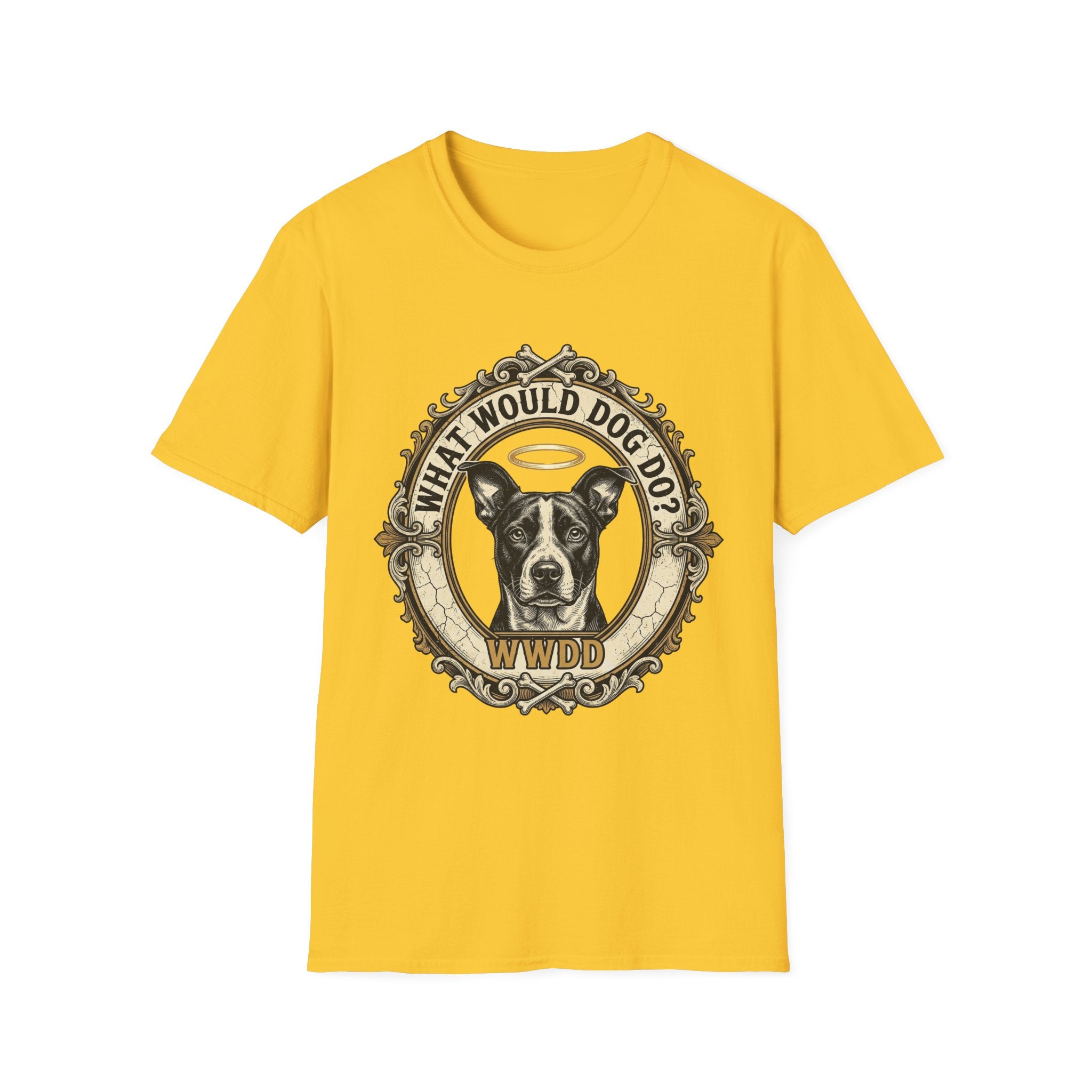 What Would Dog Do T-Shirt flat lay on yellow shirt featuring an ornate vintage frame design with a halo-wearing pit bull and the text What Would Dog Do? WWDD.