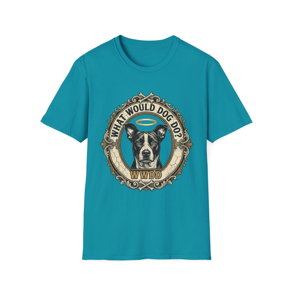 What Would Dog Do T-Shirt flat lay on teal shirt featuring an ornate vintage frame design with a halo-wearing pit bull and the text What Would Dog Do? WWDD.