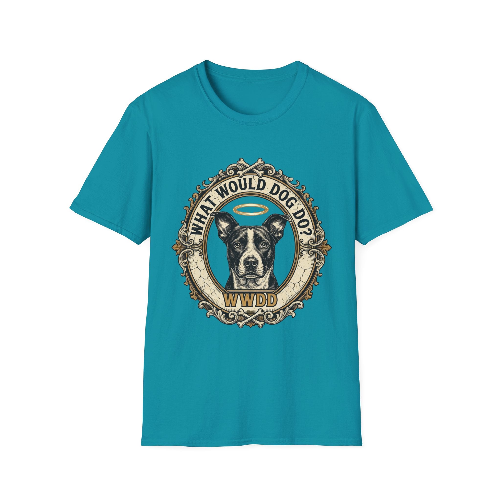 What Would Dog Do T-Shirt flat lay on teal shirt featuring an ornate vintage frame design with a halo-wearing pit bull and the text What Would Dog Do? WWDD.