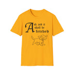 Ask and It Shall Be Fetched | Spaniel T-Shirt flat lay on black shirt featuring a Shel Silverstein-style pen-and-ink illustration of a Spaniel proudly trotting with a plump dove held with extraordinary gentleness in her mouth, a tiny olive branch in the dove's beak and the text 'Ask and it shall be fetched.'