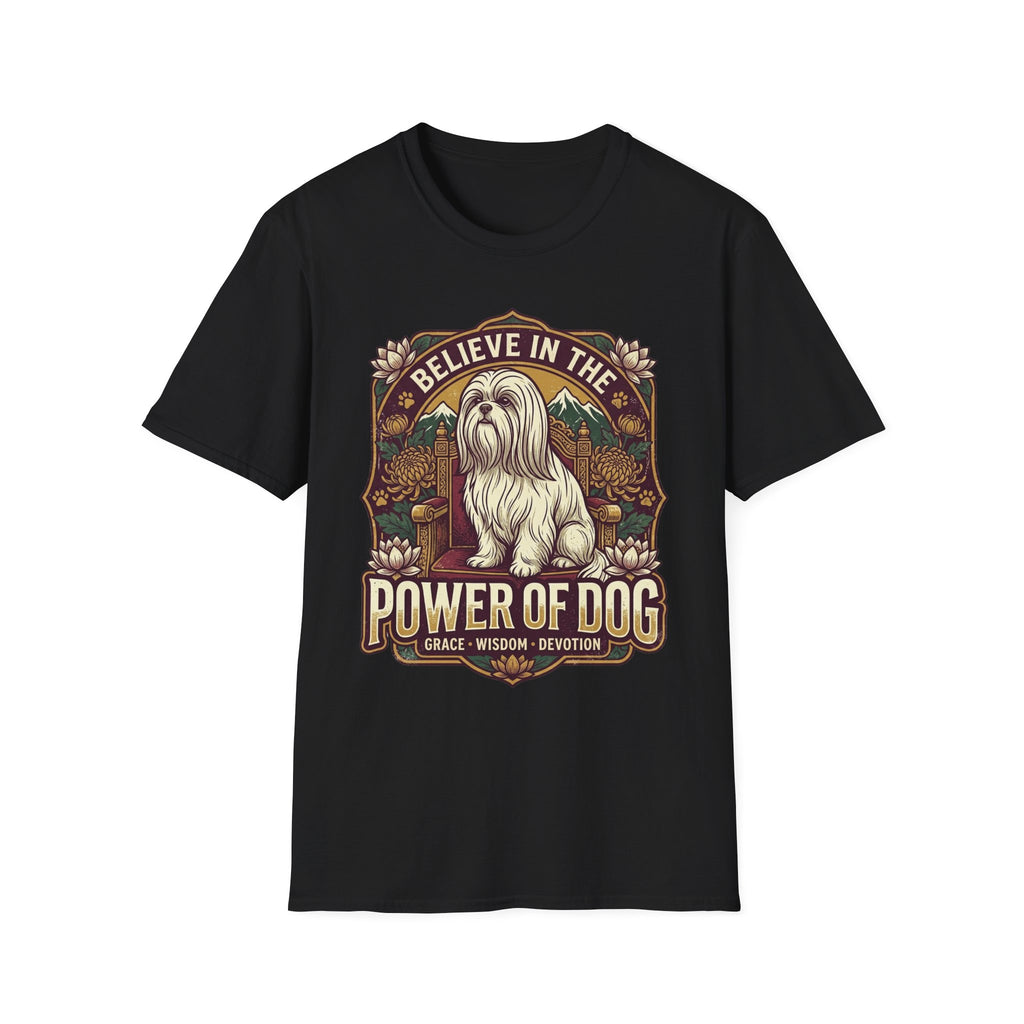 Believe in the Power of Dog Shih Tzu Throne T-Shirt in black, flat lay, featuring a vintage badge graphic of a fluffy white Shih Tzu seated regally on a throne surrounded by lotus flowers and mountains, with text reading Believe in the Power of Dog and Grace, Wisdom, Devotion.