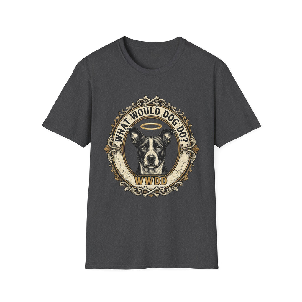 What Would Dog Do T-Shirt flat lay on dark heather grey shirt featuring an ornate vintage frame design with a halo-wearing pit bull and the text What Would Dog Do? WWDD.