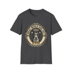 What Would Dog Do T-Shirt flat lay on dark heather grey shirt featuring an ornate vintage frame design with a halo-wearing pit bull and the text What Would Dog Do? WWDD.