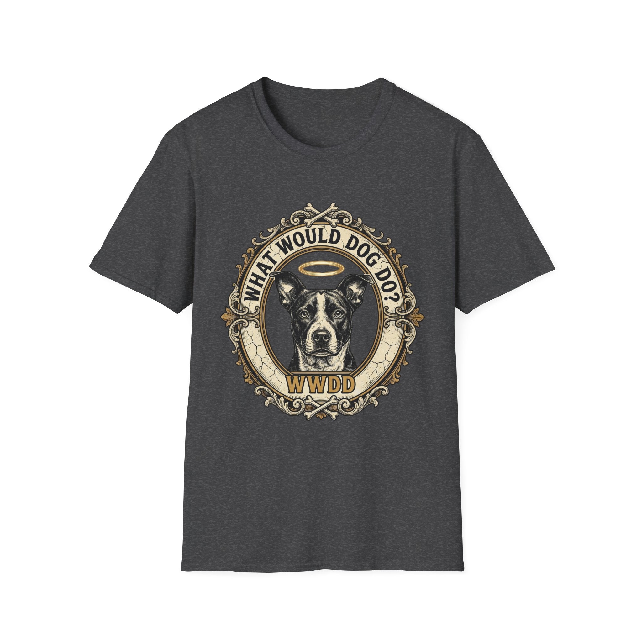 What Would Dog Do T-Shirt flat lay on dark heather grey shirt featuring an ornate vintage frame design with a halo-wearing pit bull and the text What Would Dog Do? WWDD.