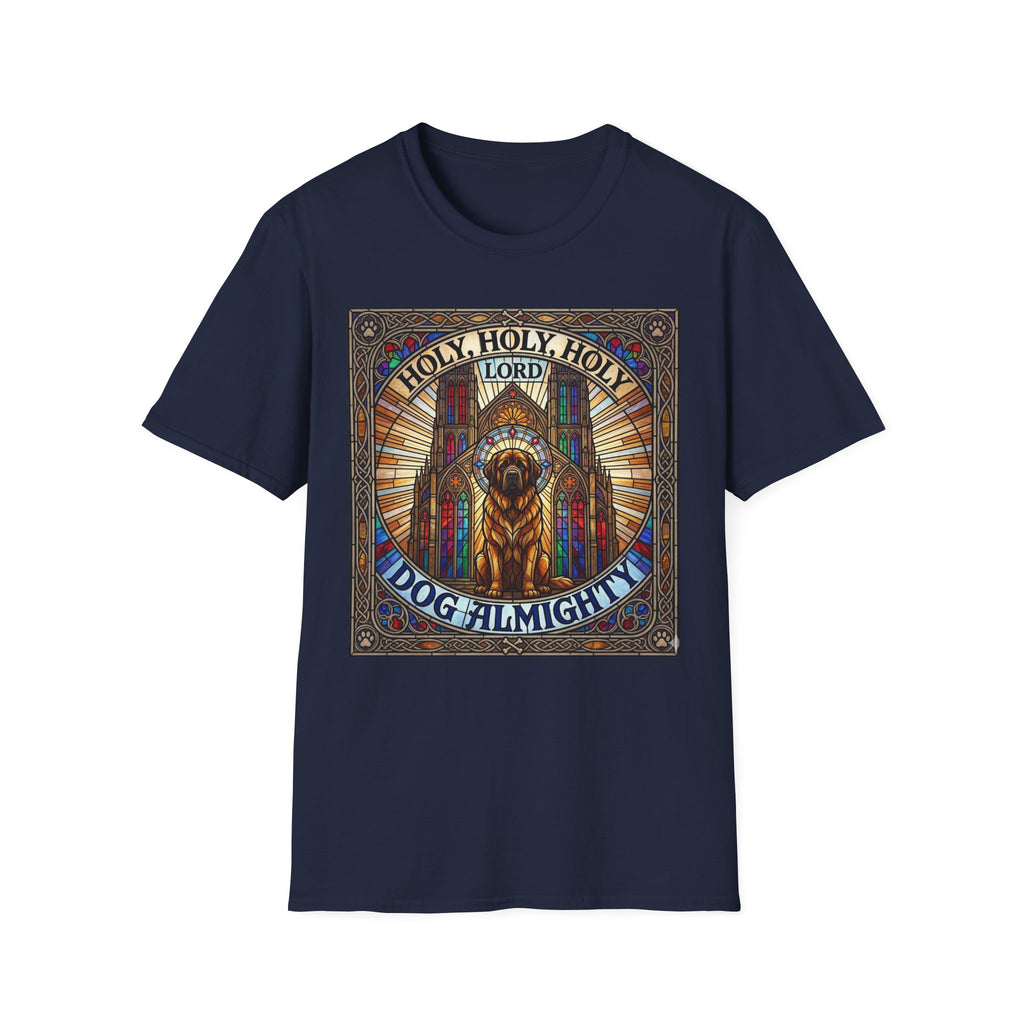 Holy Holy Holy St Bernard T-Shirt flat lay on navy, featuring a stained-glass-style illustration of a St Bernard seated before cathedral arches with the text 'Holy Holy Holy Lord Dog Almighty'.