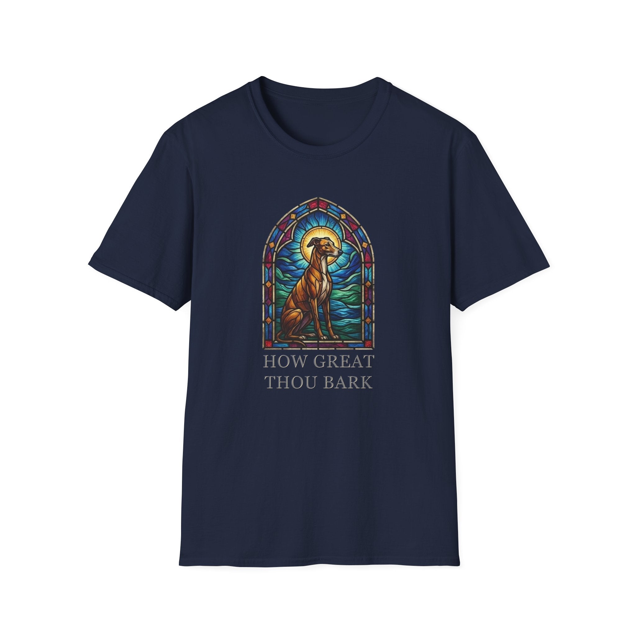 Full-color stained glass illustration of a sight hound seated as a saint with a golden halo in a gothic cathedral window