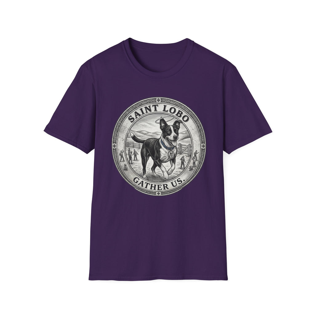 Saint Lobo Gather Us T-Shirt flat lay in purple, featuring a vintage medallion graphic of a leaping border collie-style dog with a halo, surrounded by the text 'Saint Lobo — Gather Us.'