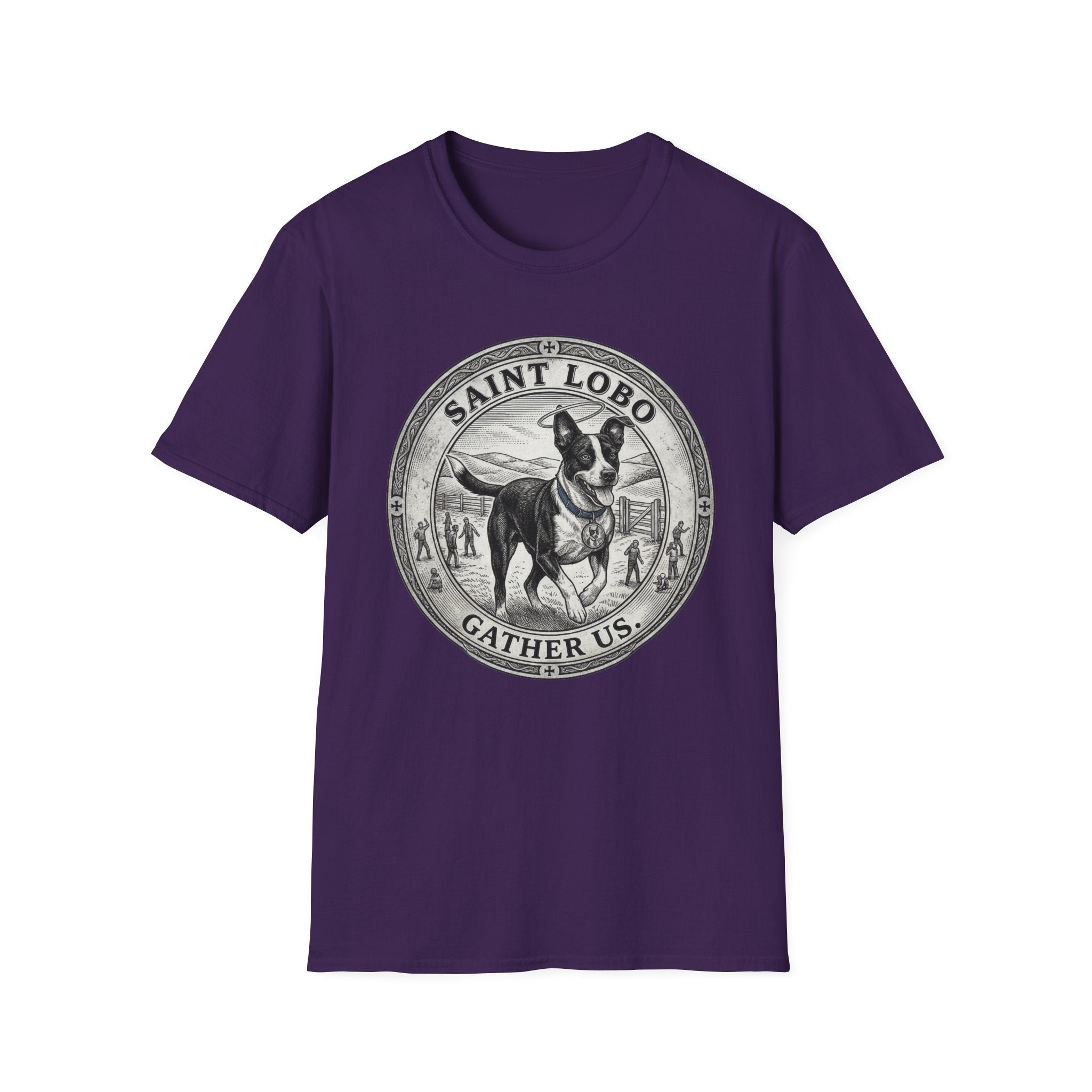 Saint Lobo Gather Us T-Shirt flat lay in purple, featuring a vintage medallion graphic of a leaping border collie-style dog with a halo, surrounded by the text 'Saint Lobo — Gather Us.'