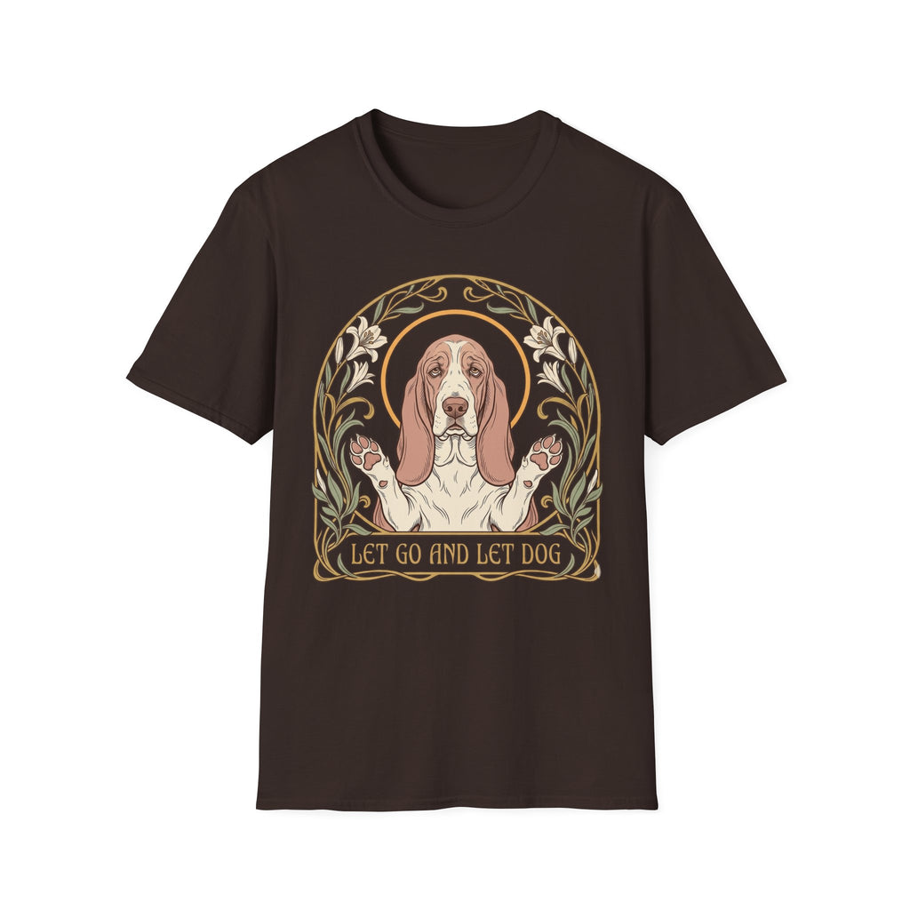Let Go Let Dog Basset Hound T-Shirt in dark chocolate brown, flat lay, featuring an Art Nouveau-style oval frame with floral motifs and a serene basset hound raising both paws with the text 'Let Go and Let Dog'.