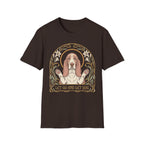 Let Go Let Dog Basset Hound T-Shirt in dark chocolate brown, flat lay, featuring an Art Nouveau-style oval frame with floral motifs and a serene basset hound raising both paws with the text 'Let Go and Let Dog'.