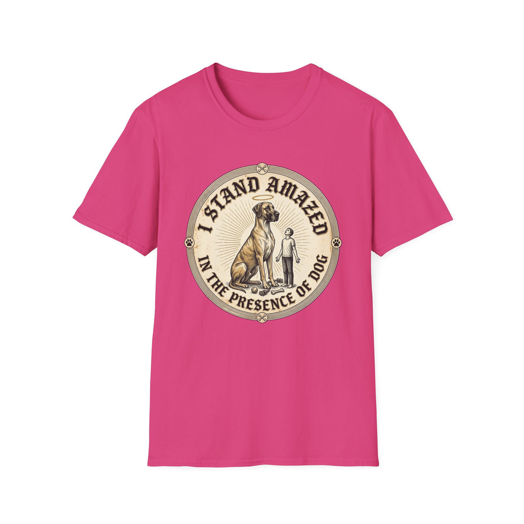 I Stand Amazed Great Dane T-Shirt flat lay in heliconia pink, featuring a circular vintage-style graphic of a towering Great Dane with a halo and a small human figure, with text "I Stand Amazed in the Presence of Dog."