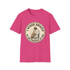 I Stand Amazed Great Dane T-Shirt flat lay in heliconia pink, featuring a circular vintage-style graphic of a towering Great Dane with a halo and a small human figure, with text "I Stand Amazed in the Presence of Dog."