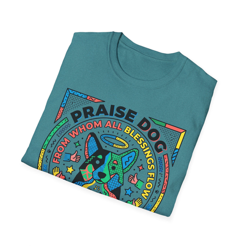 Praise Dog From Whom All Blessings Flow Geometric T-Shirt folded view in teal, showing the colorful pop-art geometric dog graphic with Praise Dog lettering.