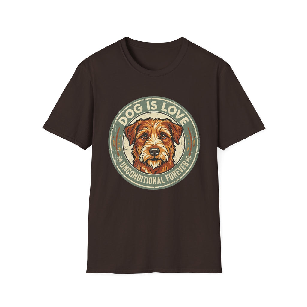 Dog is Love T-Shirt flat lay in dark brown featuring a vintage circular badge graphic with a scruffy terrier face, "Dog is Love" arched above and "Unconditional Forever" below.