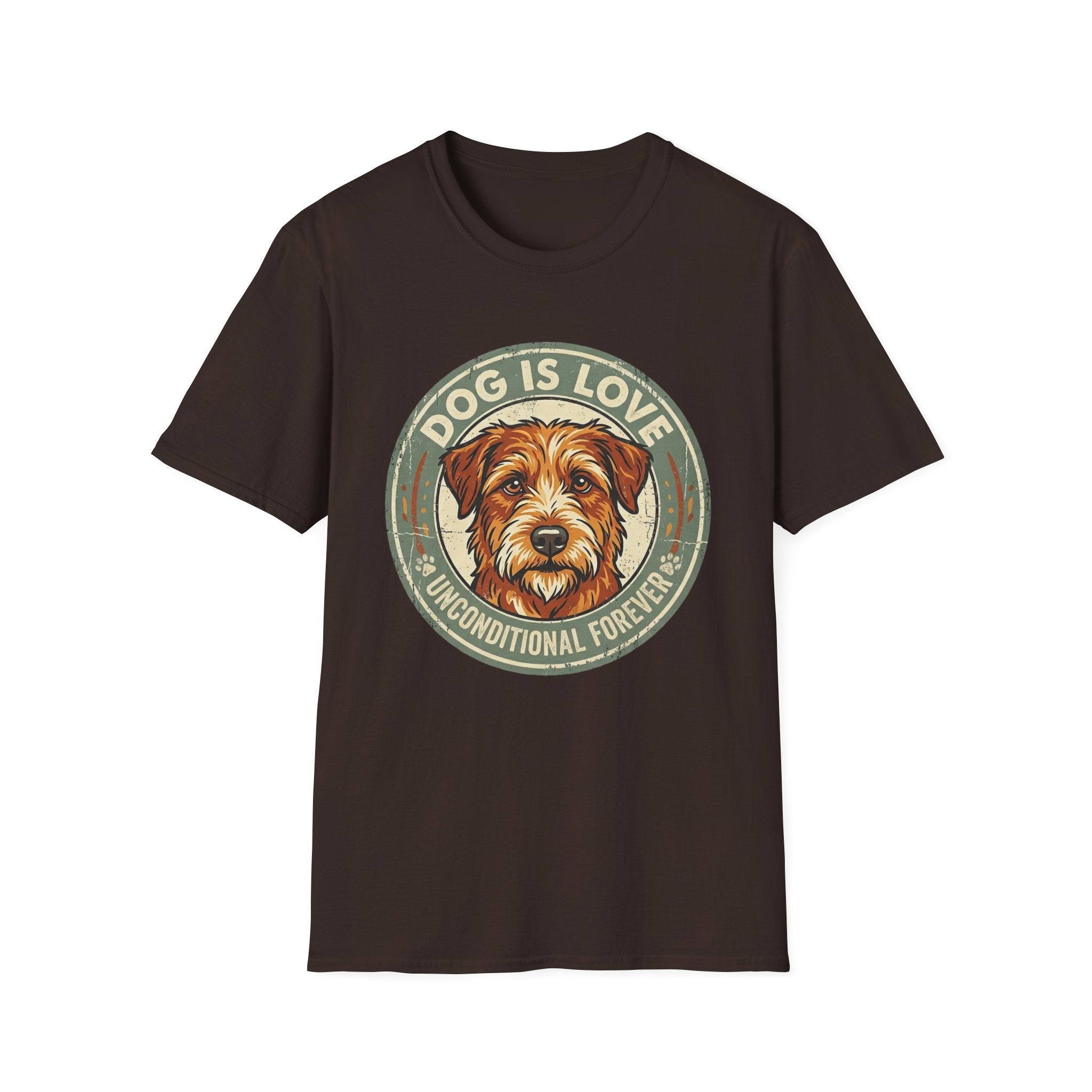 Dog is Love T-Shirt flat lay in dark brown featuring a vintage circular badge graphic with a scruffy terrier face, "Dog is Love" arched above and "Unconditional Forever" below.