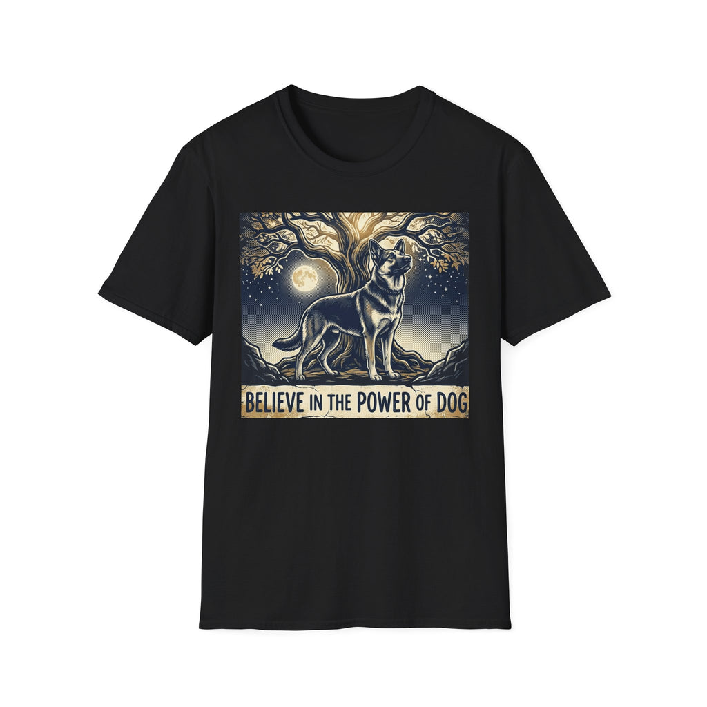 Believe in the Power of Dog German Shepherd T-shirt flat lay in black, featuring a vintage-style illustration of a German Shepherd standing under a moonlit tree with the text "Believe in the Power of Dog."