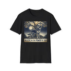Believe in the Power of Dog German Shepherd T-shirt flat lay in black, featuring a vintage-style illustration of a German Shepherd standing under a moonlit tree with the text "Believe in the Power of Dog."